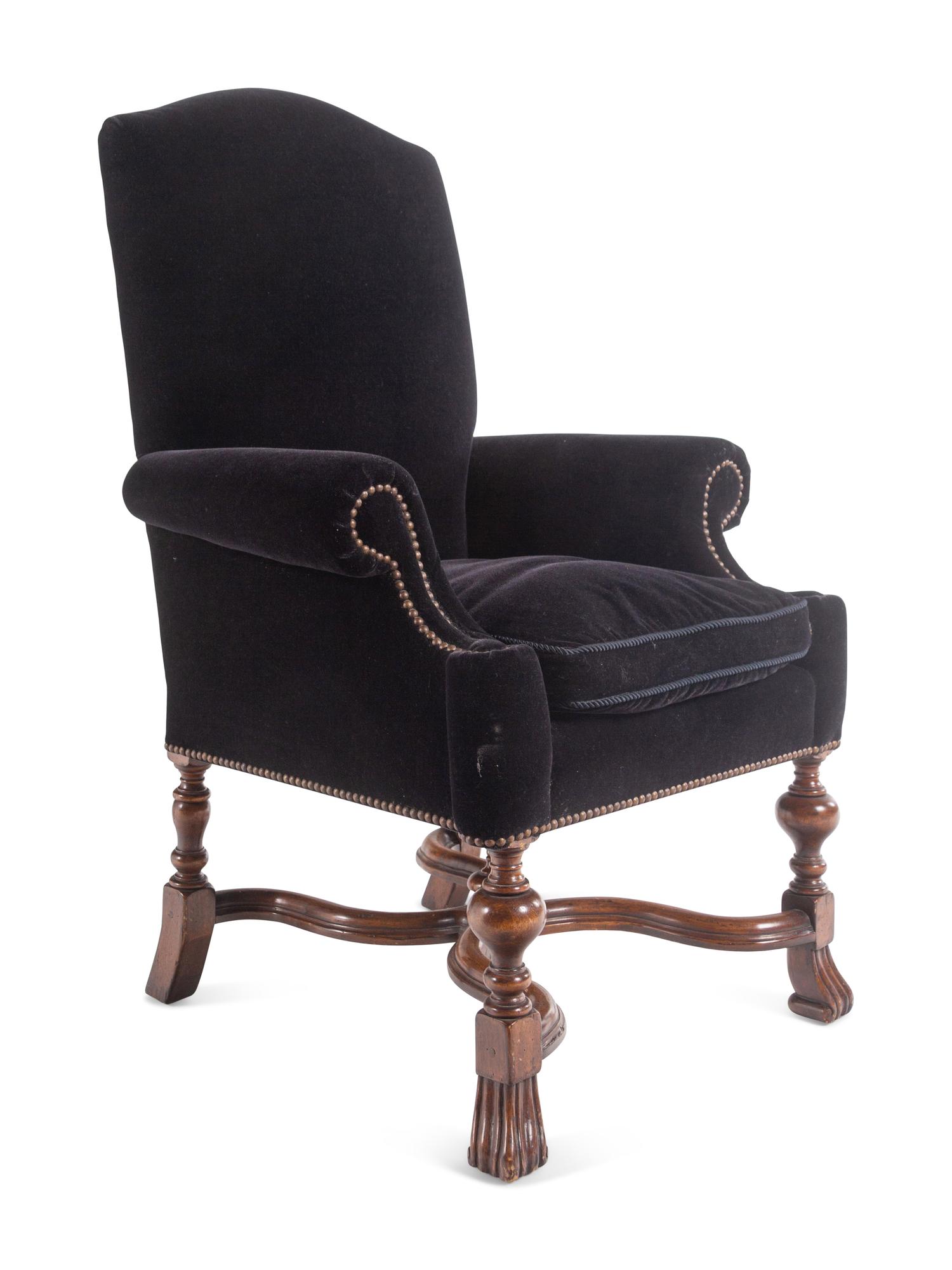 A Pair of William and Mary Style Velvet-Upholstered Walnut Armchairs