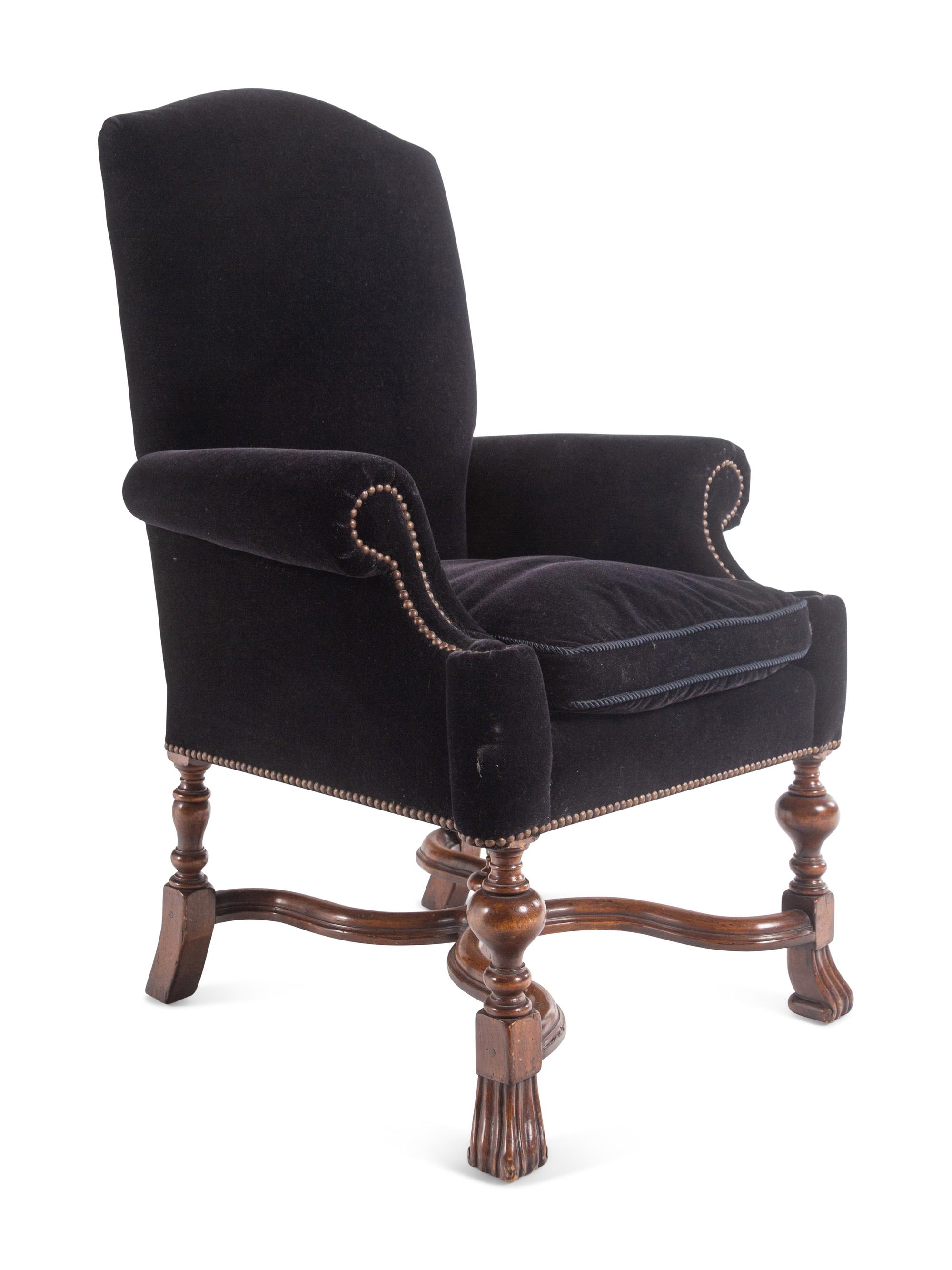 A Pair of William and Mary Style Velvet-Upholstered Walnut Armchairs