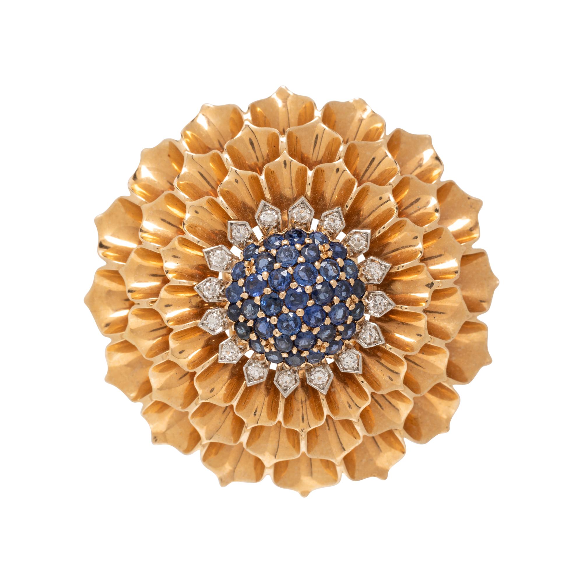 RAYMOND YARD, SAPPHIRE, DIAMOND, AND YELLOW GOLD BROOCH