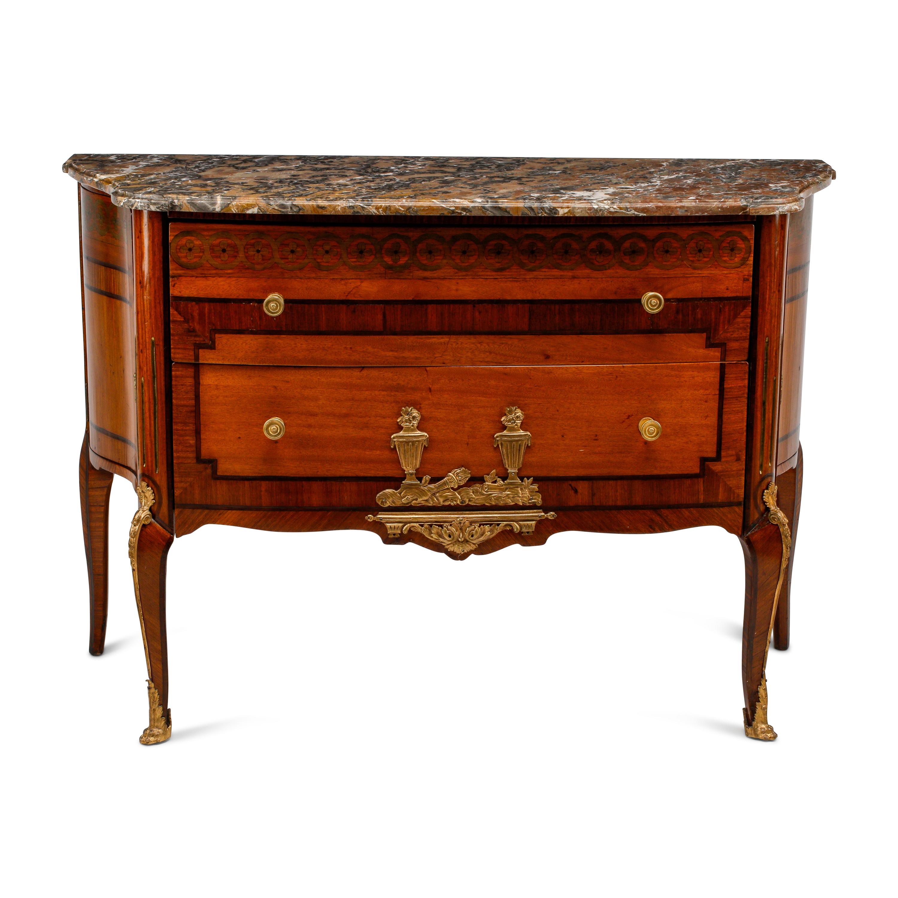 A French Transitional Marquetry Marble-Top Commode