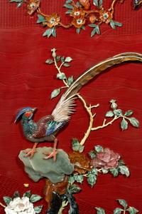A Pair of Chinese Cinnabar Lacquered Ground Hardstone Inlaid Hanging Screens
