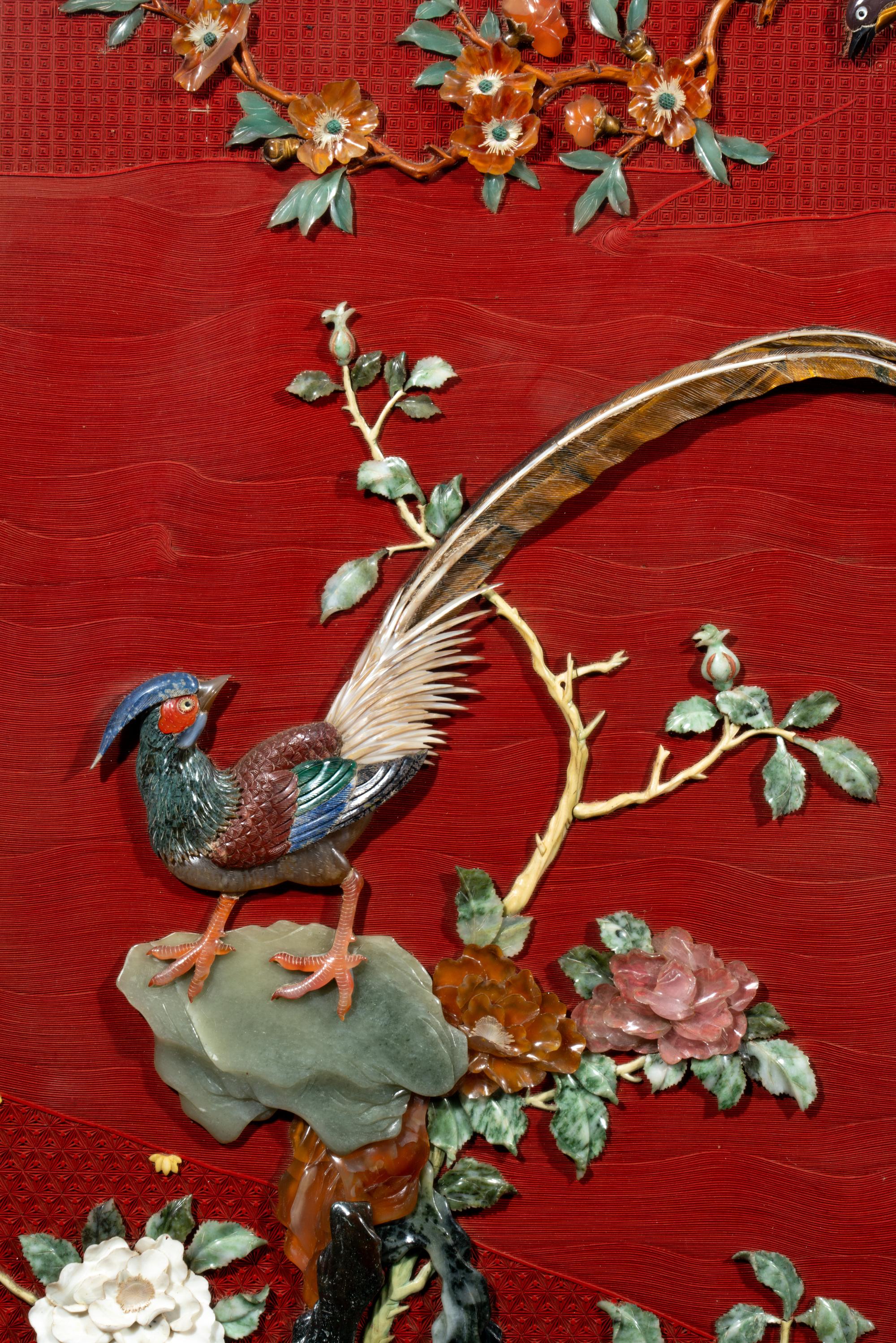 A Pair of Chinese Cinnabar Lacquered Ground Hardstone Inlaid Hanging Screens