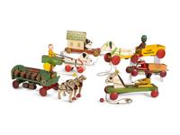 Six Carved Wood Figural Pull Toys