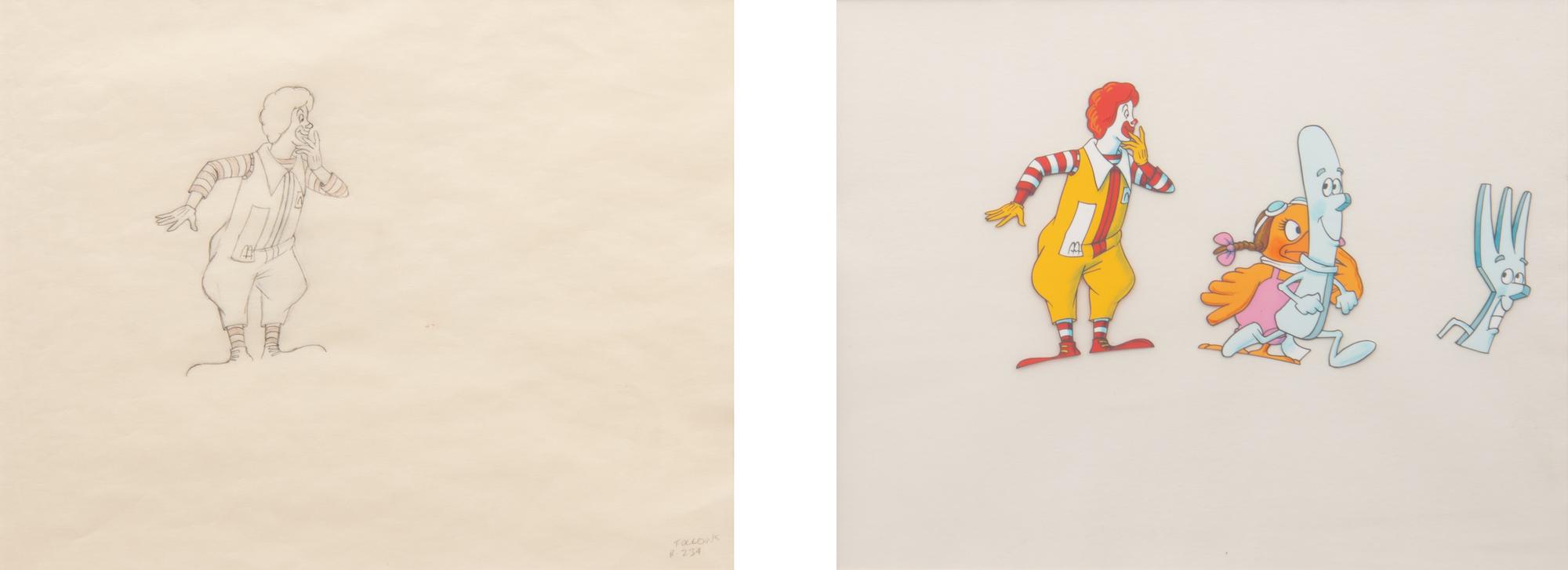 Ronald McDonald TV Commercial Production Cel and Animation Drawing.