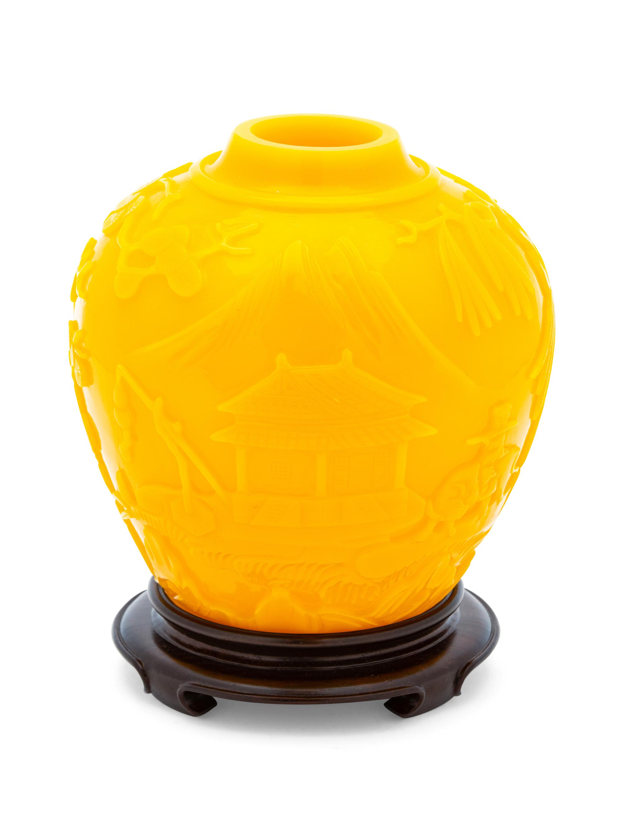 A Chinese Carved Yellow Overlay Glass Jar
