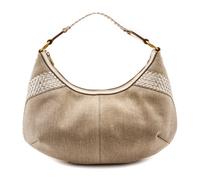 An Yves Saint Laurent Tan Canvas and Metallic Leather Bag, 15 x 11 x 2 inches.