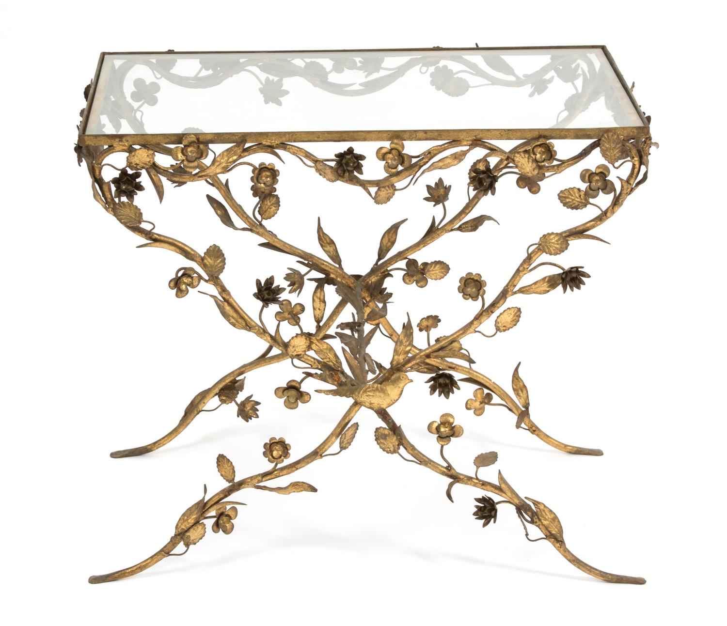 A Gilt Bronze Floral and Foliate Glass Top Table Height 20 3/4 x width 25 1/2 x depth 18 inches. — EARLY 20TH CENTURY