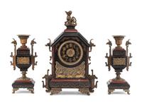 A French Gilt Bronze, Marble and Slate Clock Garniture