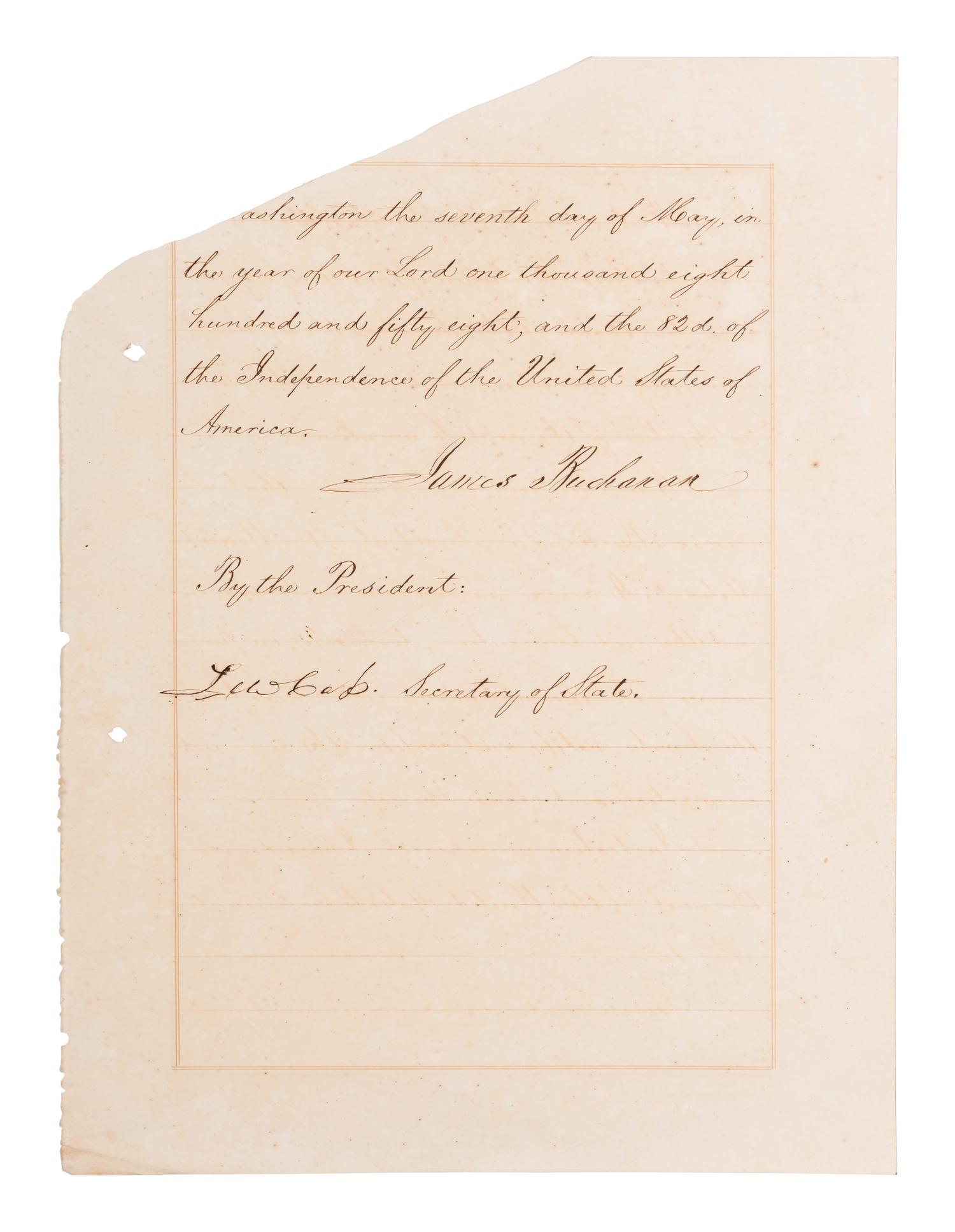 BUCHANAN, James (1791-1868). Manuscript document signed (“James Buchanan”) as President, countersigned by Secretary of State Lewis Cass. A contemporary bilingual copy of the ratification of interpretations to Article 12 of the original Treaty of the 26th of July 1851 between the United States and the Republic of Peru. 7 May 1858.