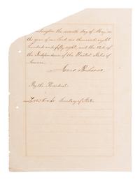 BUCHANAN, James (1791-1868). Manuscript document signed (“James Buchanan”) as President, countersigned by Secretary of State Lewis Cass. A contemporary bilingual copy of the ratification of interpretations to Article 12 of the original Treaty of the 26th of July 1851 between the United States and the Republic of Peru. 7 May 1858.