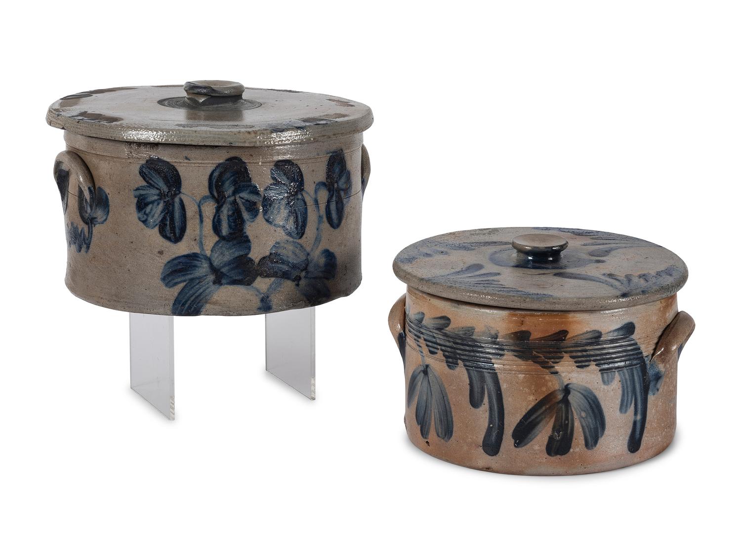 Two Cobalt Decorated Stoneware Cake Crocks