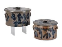 Two Cobalt Decorated Stoneware Cake Crocks