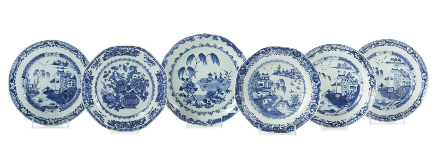 A Group of Six Chinese Export Blue and White Porcelain Plates Diameter of largest 9 3/4 inches.