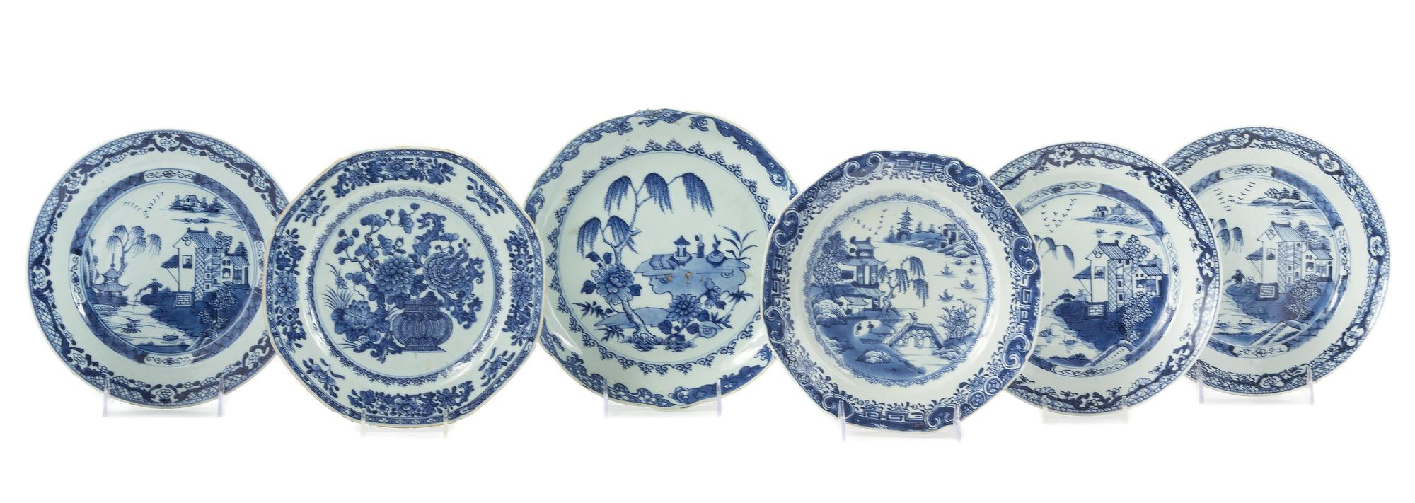 A Group of Six Chinese Export Blue and White Porcelain Plates Diameter of largest 9 3/4 inches.