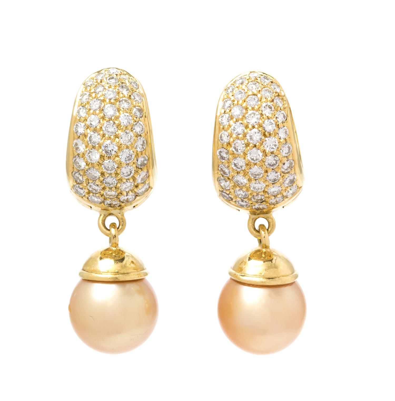 A Pair of 18 Karat Yellow Gold, Diamond and Cultured Golden South Sea Pearl Hoop Earrings, 15.80 dwts.