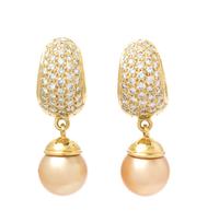 A Pair of 18 Karat Yellow Gold, Diamond and Cultured Golden South Sea Pearl Hoop Earrings, 15.80 dwts.