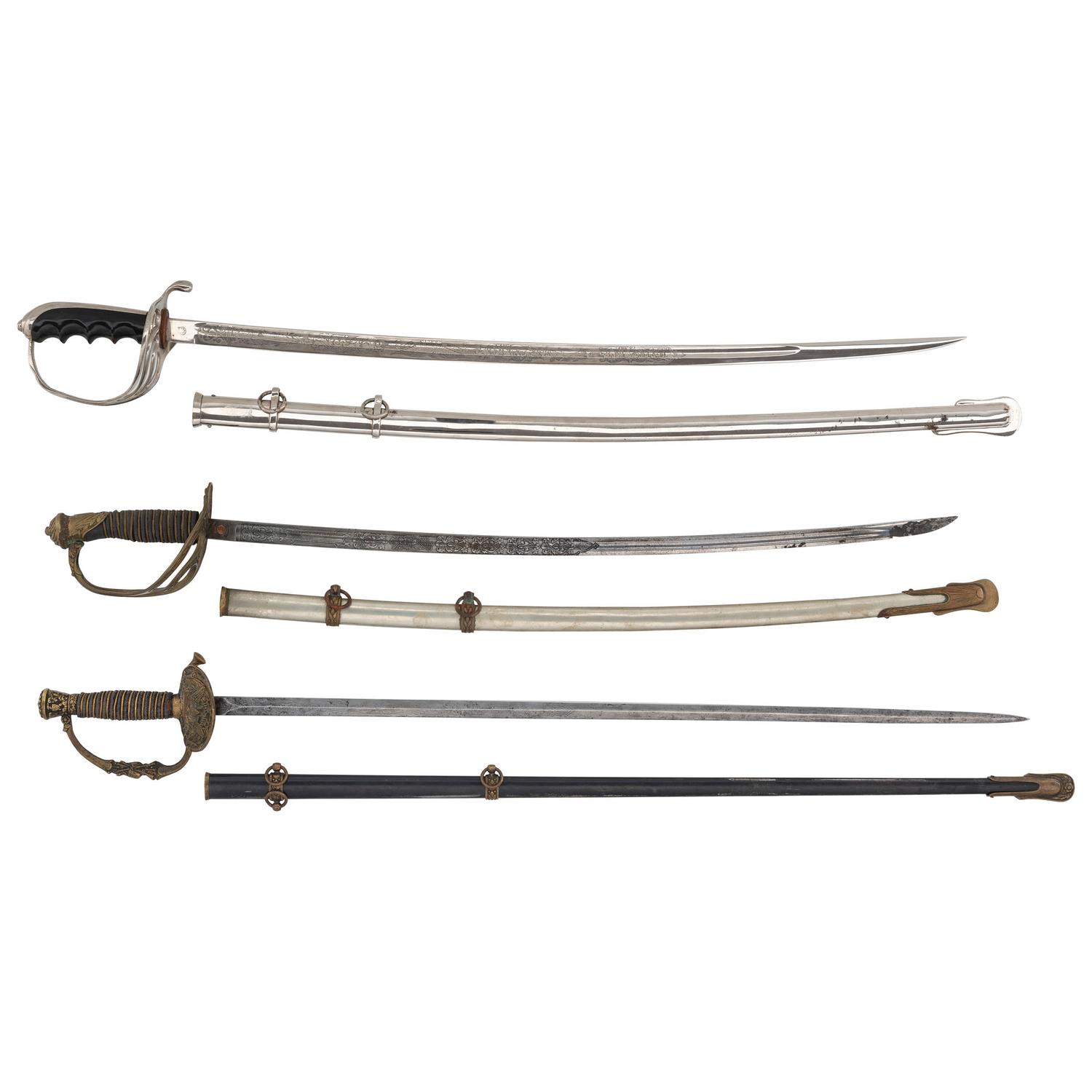 Lot of 3 US Army Swords Including: Model 1902, Model 1860 Staff & Field, Model 1872 Light Cavalry