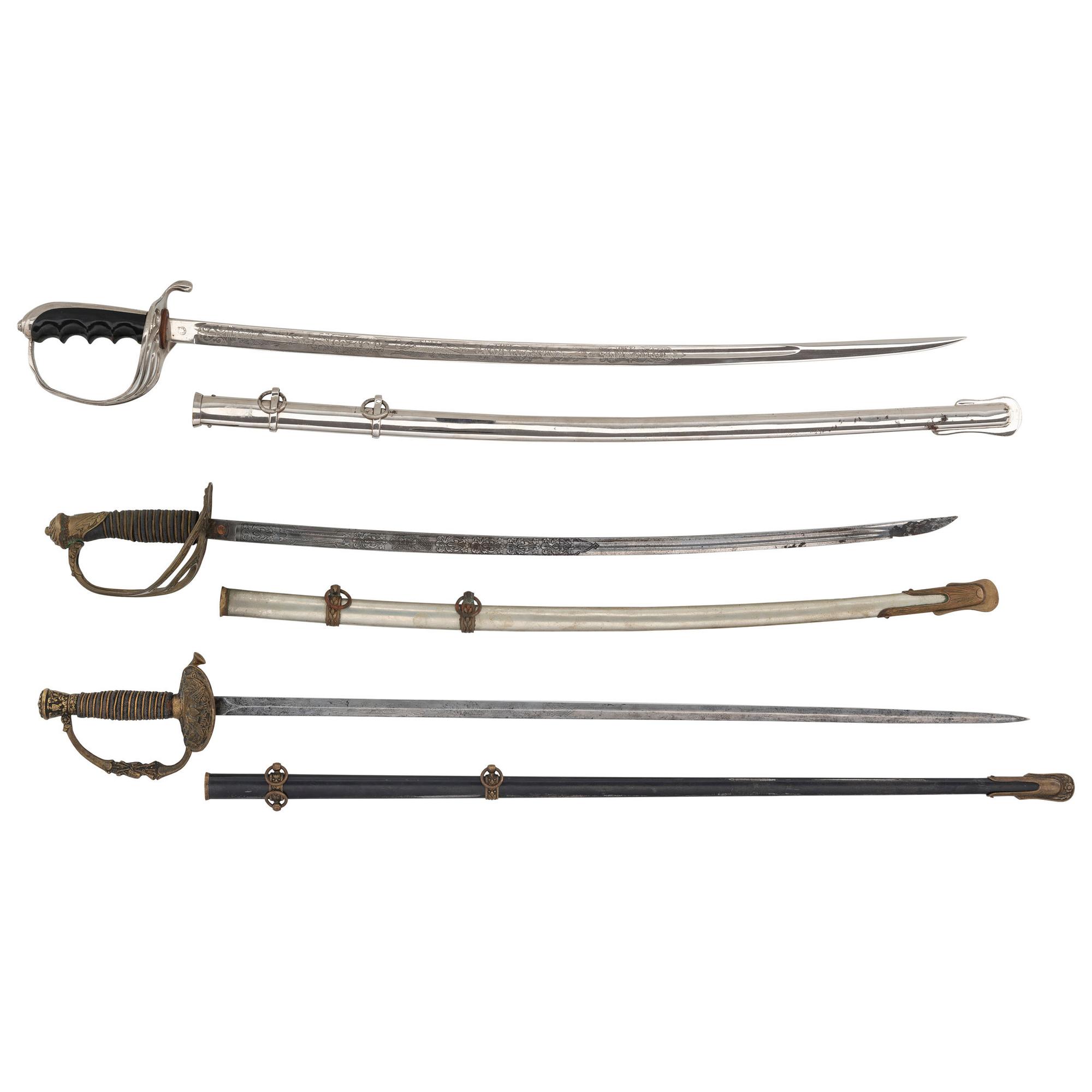 Lot of 3 US Army Swords Including: Model 1902, Model 1860 Staff & Field, Model 1872 Light Cavalry