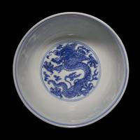 An Imperial Chinese Blue and White Porcelain 'Dragon' Bowl, Kangxi Six-Character Mark and of the Period 清康熙 青花福壽雲龍紋盌《大清康熙年製》款