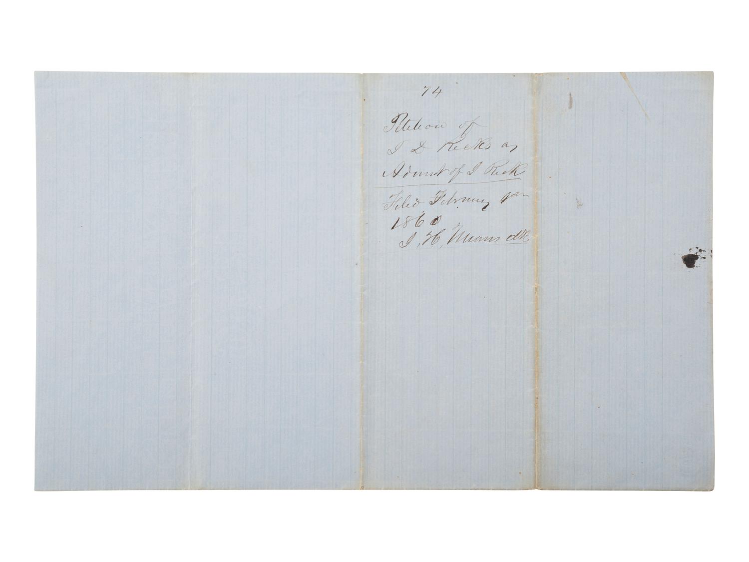 [ENSLAVEMENT & ABOLITION]. Manuscript petition concerning the estate of James Ricks, which includes property and enslaved persons. Calhoun County, AR, February 1860.