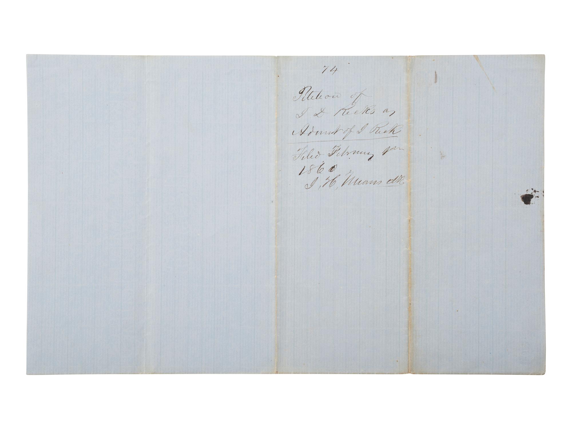 [ENSLAVEMENT & ABOLITION]. Manuscript petition concerning the estate of James Ricks, which includes property and enslaved persons. Calhoun County, AR, February 1860.