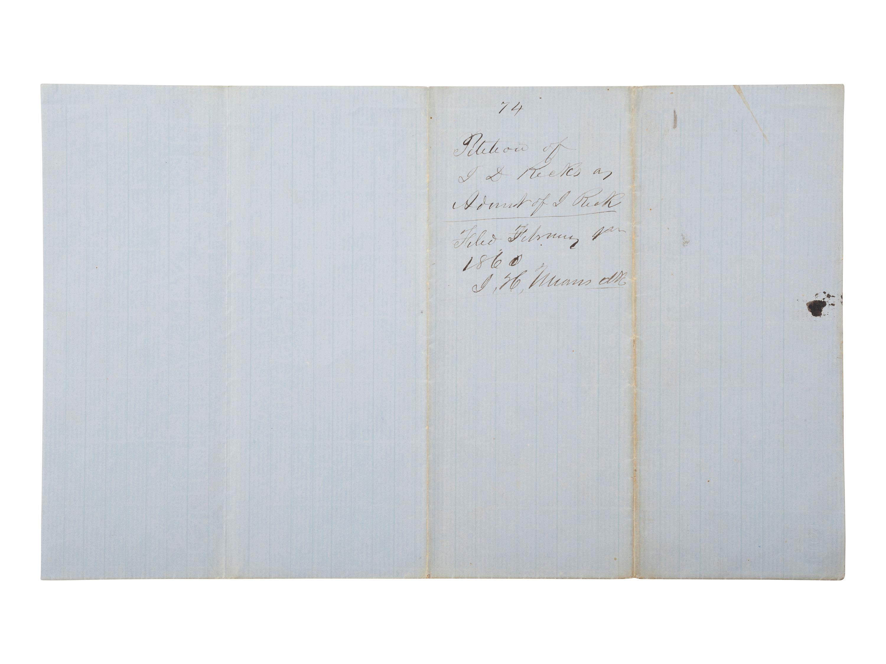 [ENSLAVEMENT & ABOLITION]. Manuscript petition concerning the estate of James Ricks, which includes property and enslaved persons. Calhoun County, AR, February 1860.