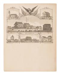 HOLTZ, Helmuth Heinrich Diedrich (1833-1915). Pictorial letter sheet with 7 views, comprising: Hotel at Matagorda, Texas -- Church -- [top center: untitled illustration of eagle with spread wings, 2 banners, and foliage] -- Masonic Hall -- Courthouse -- Residence of Col. R. H. Williams -- Store of Mr. G. Burkhart . Hamburg: Lang, [ca. 1860].