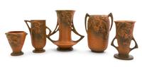 Five Roseville Bushberry Pottery Vases Height of tallest 8 1/8 inches.