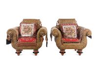A Pair of Mackenzie Childs Whimsical Raffia and Upholstery Armchairs