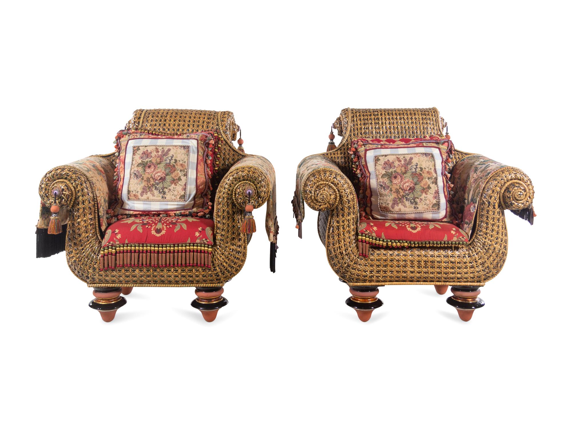 A Pair of Mackenzie Childs Whimsical Raffia and Upholstery Armchairs