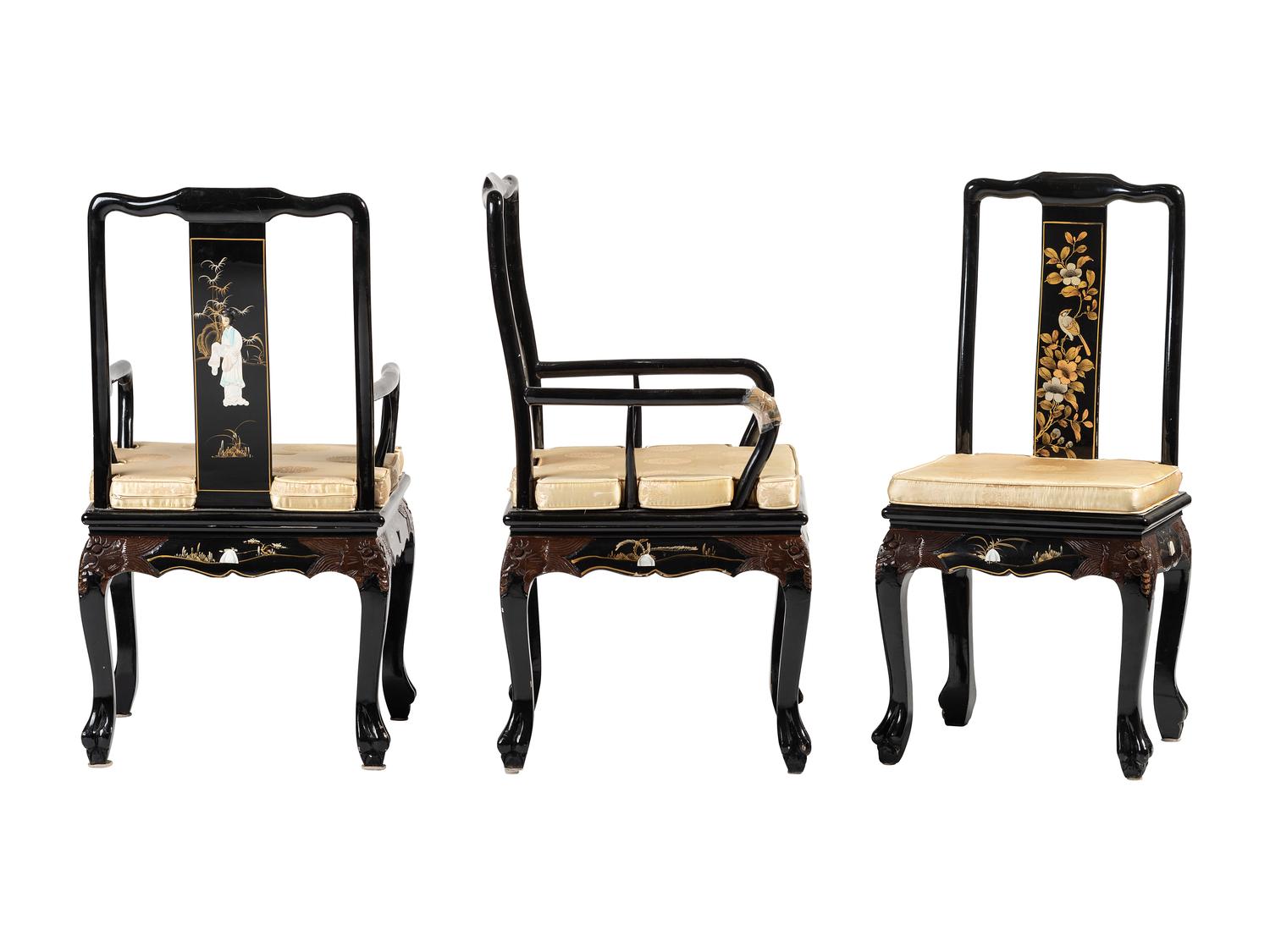 Eight Gilt and Black Lacquer Dining Chairs in the Chinese Taste