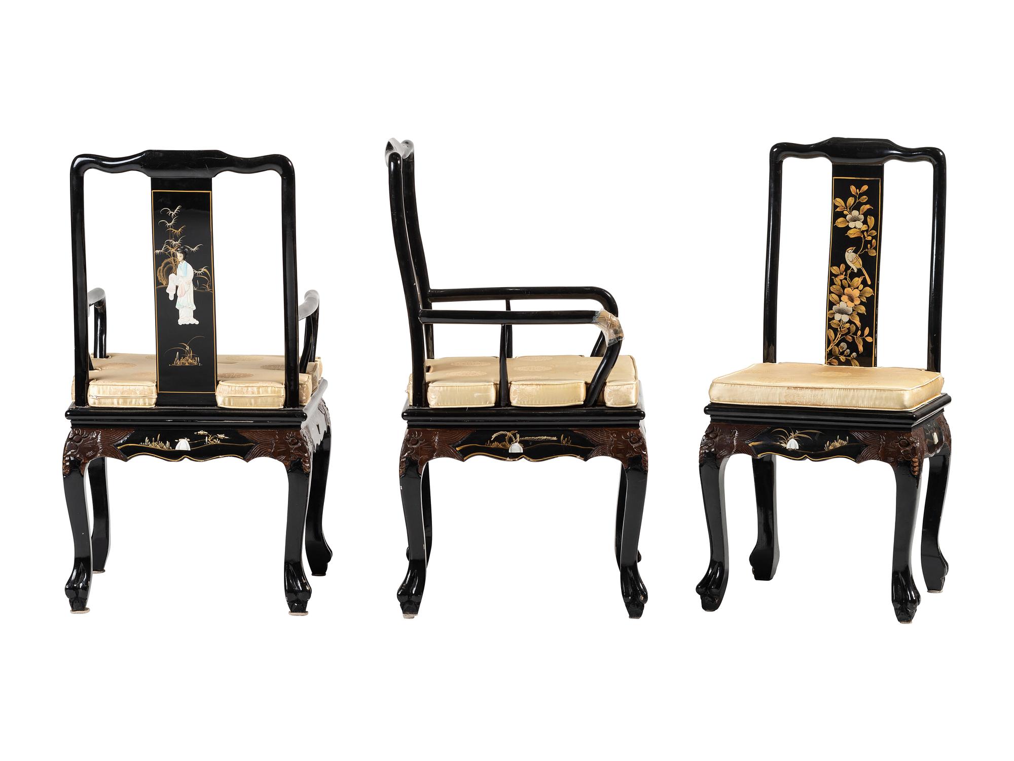 Eight Gilt and Black Lacquer Dining Chairs in the Chinese Taste