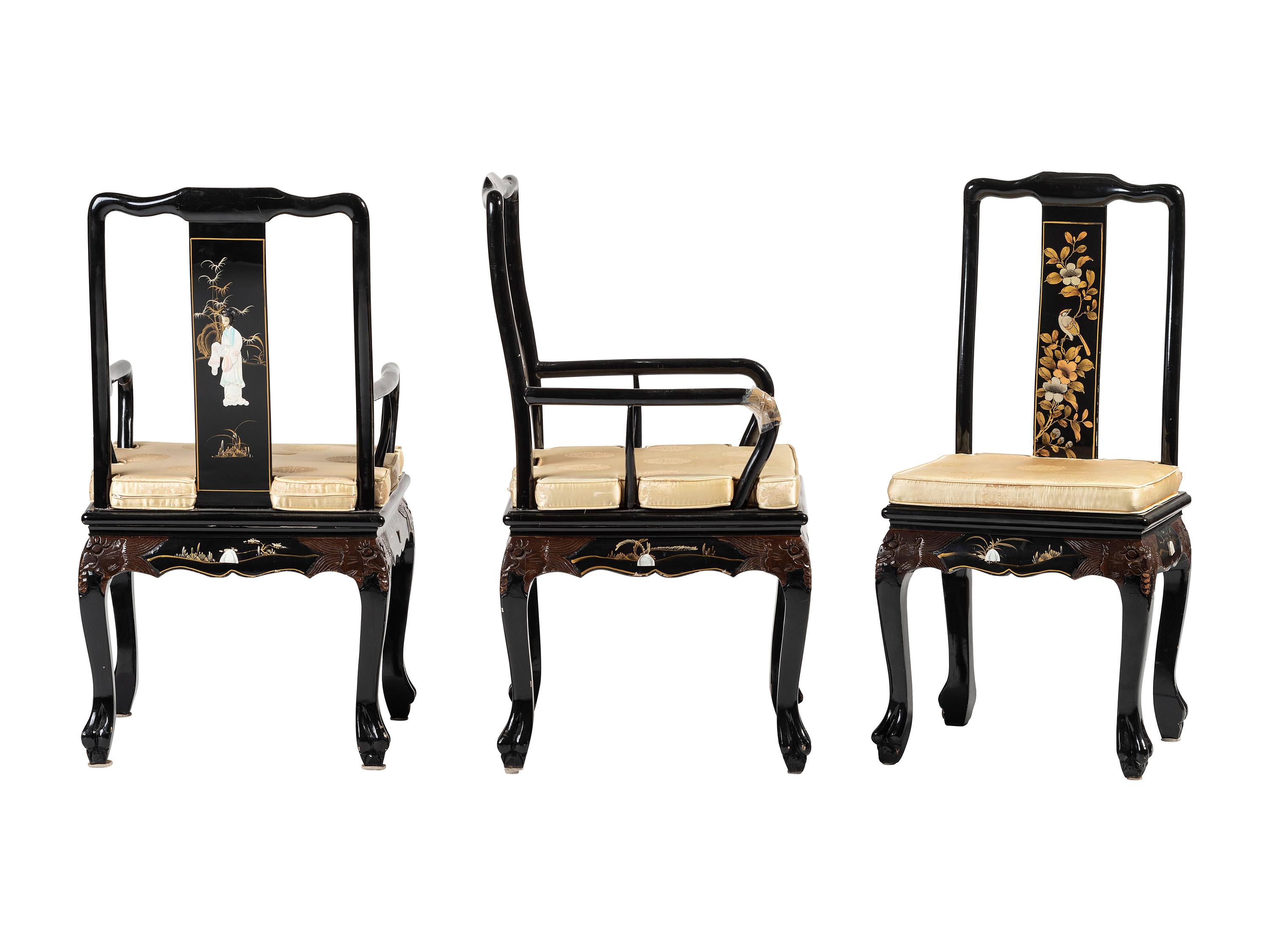 Eight Gilt and Black Lacquer Dining Chairs in the Chinese Taste