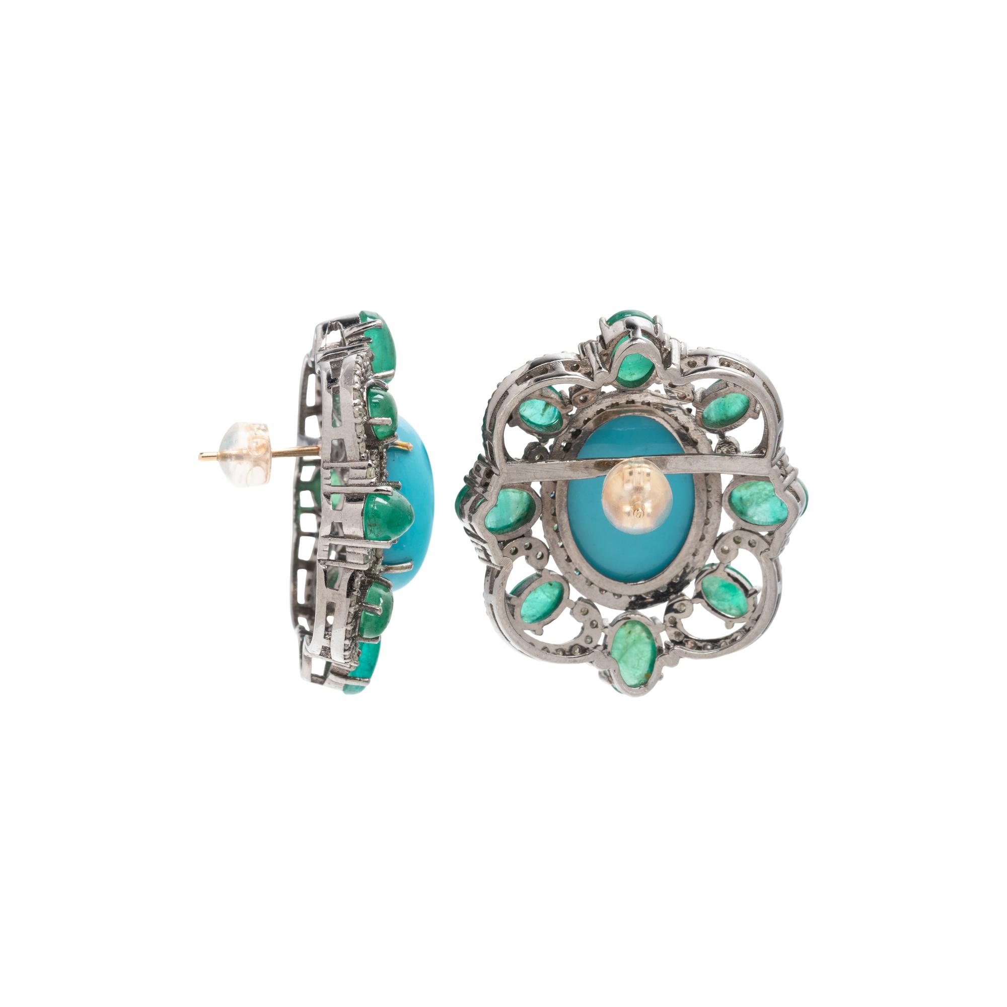 SYNTHETIC TURQUOISE, EMERALD AND DIAMOND EARRINGS