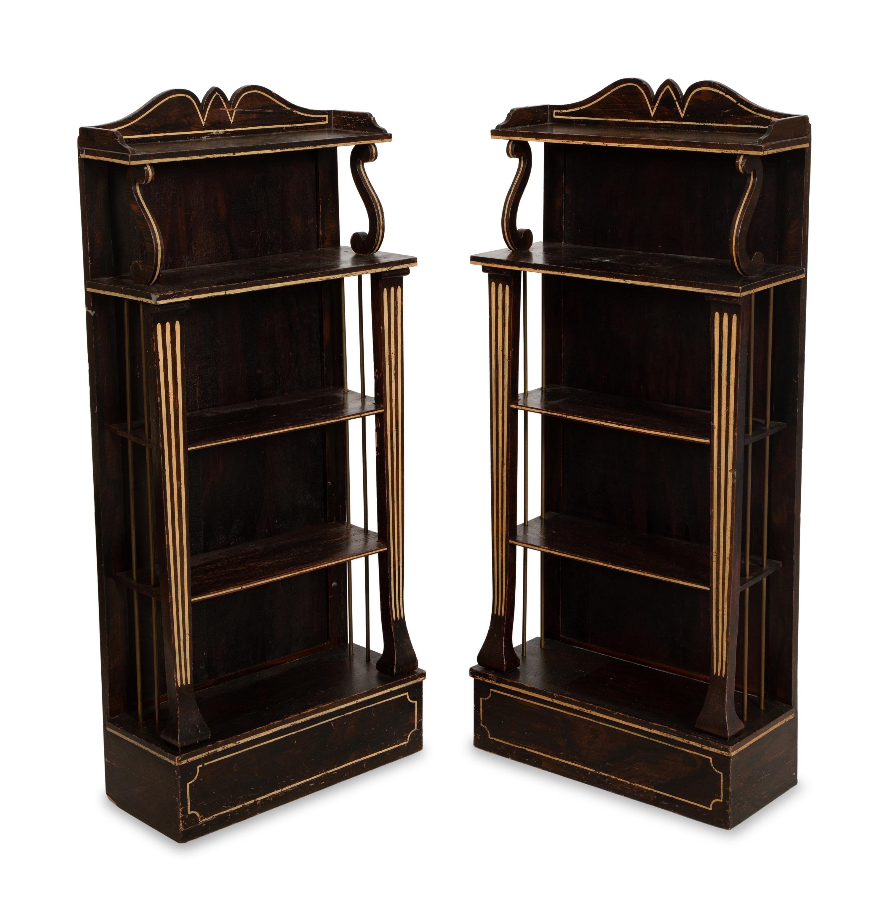 A Pair of Regency Style Grain-Painted and Gilt Metal-Mounted Diminutive Bookcases