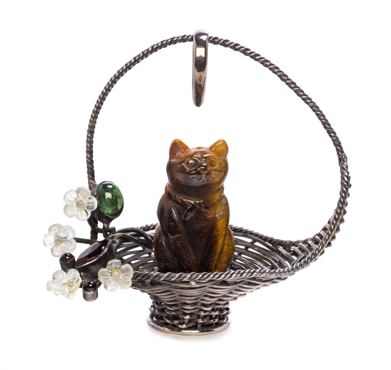 A Hardstone Mounted Silver Wirework Hanging Ornament Height 2 3/4 inches.