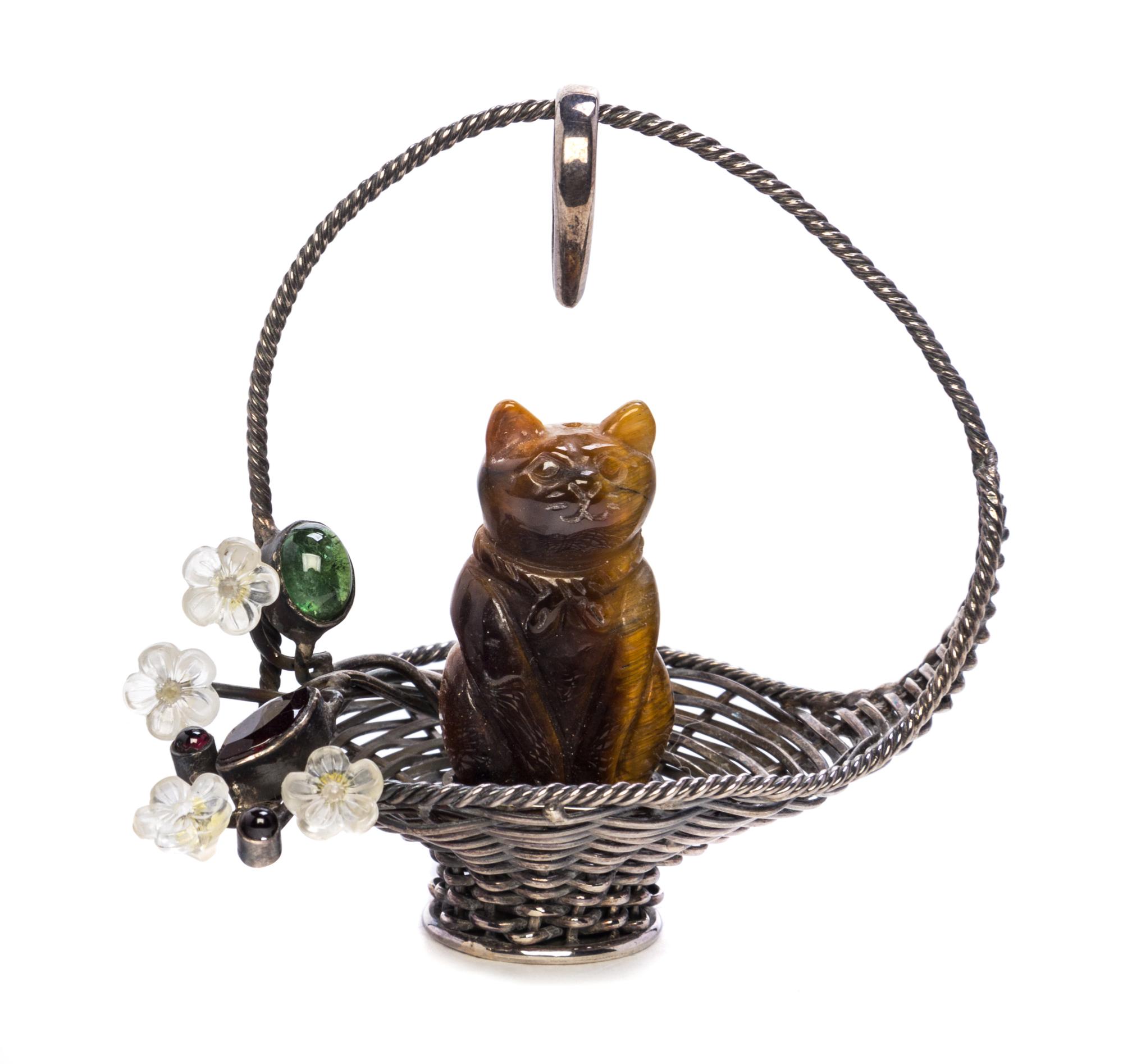 A Hardstone Mounted Silver Wirework Hanging Ornament Height 2 3/4 inches.