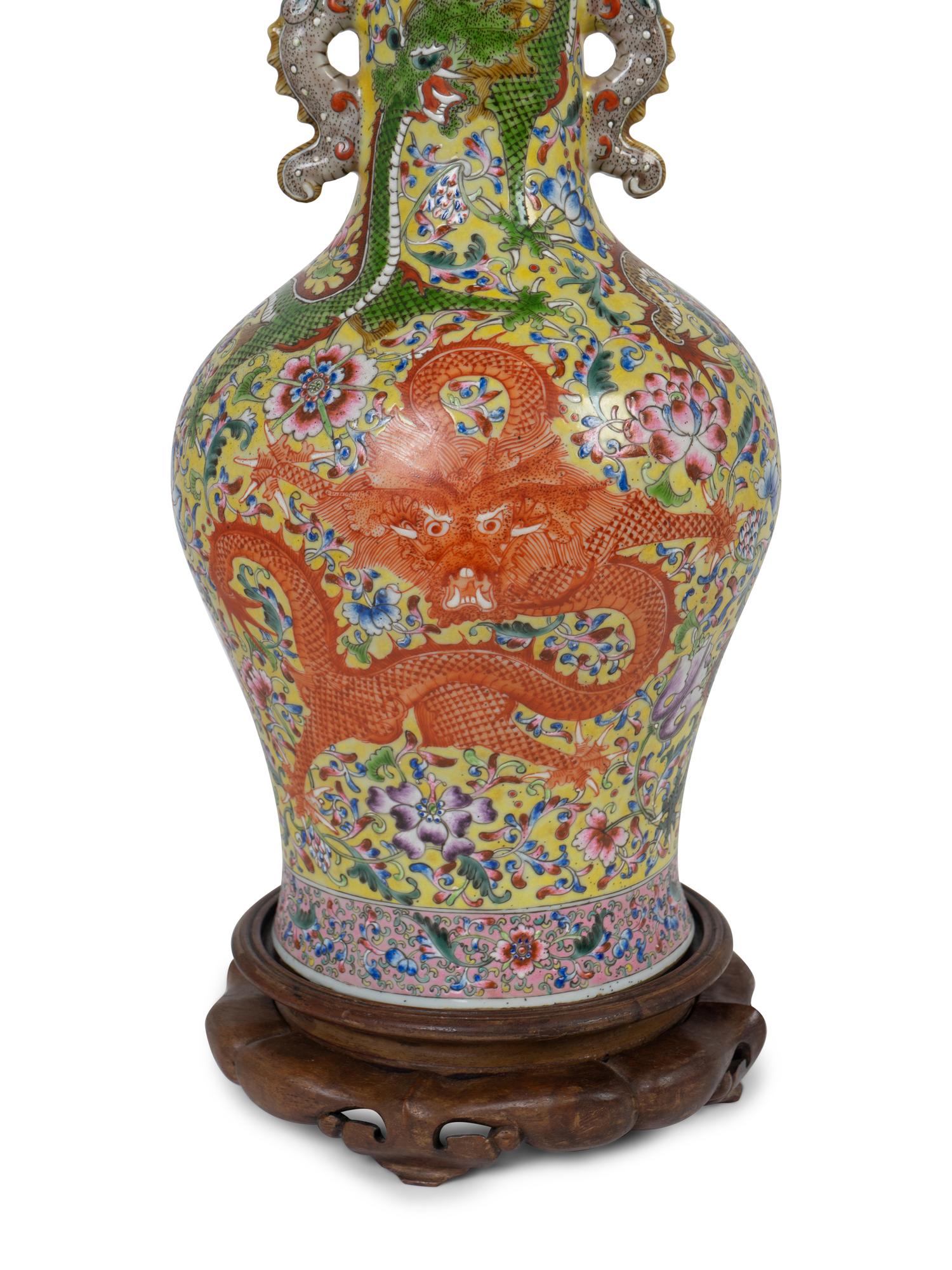 A Chinese Export Famille Jaune Porcelain Dragon Vase Mounted as a Lamp — 19TH/20TH CENTURY