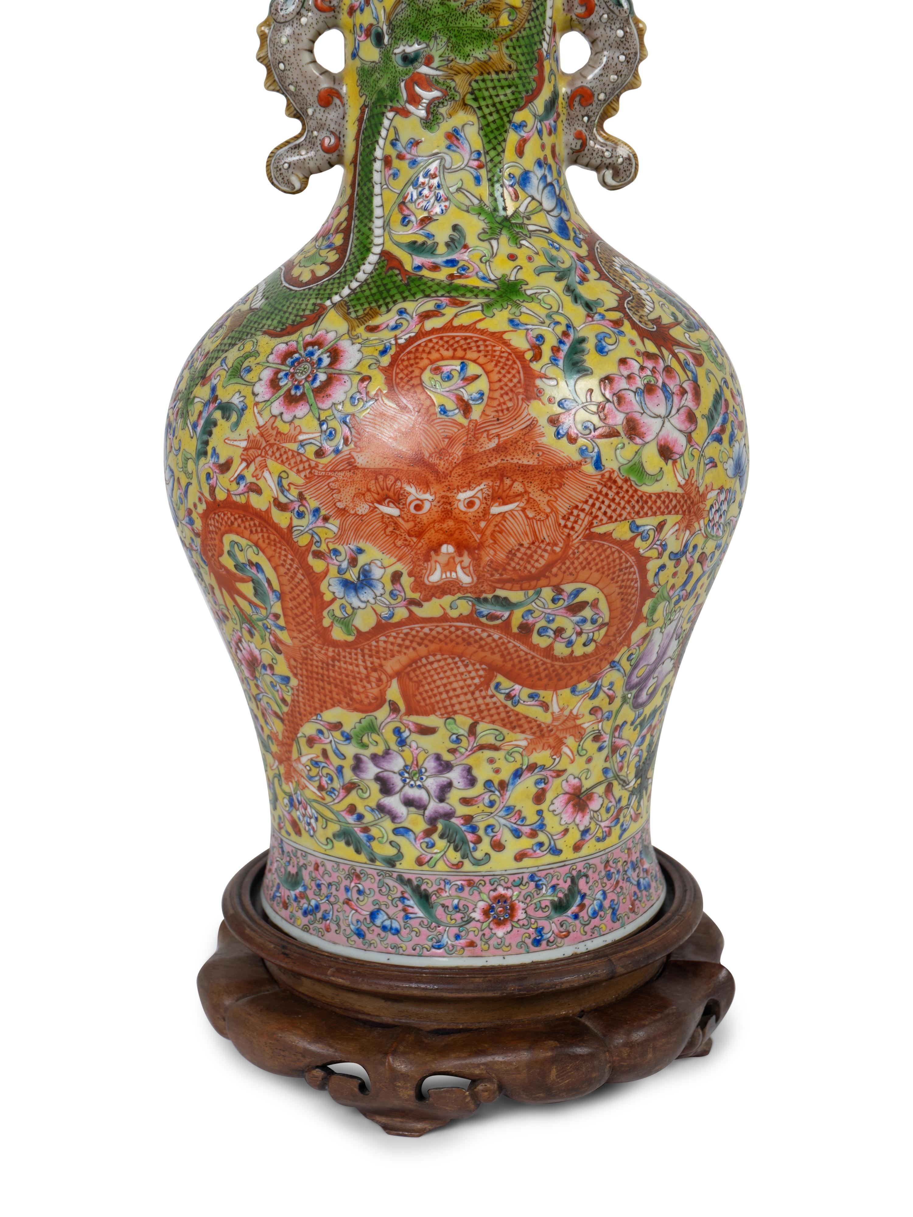 A Chinese Export Famille Jaune Porcelain Dragon Vase Mounted as a Lamp — 19TH/20TH CENTURY