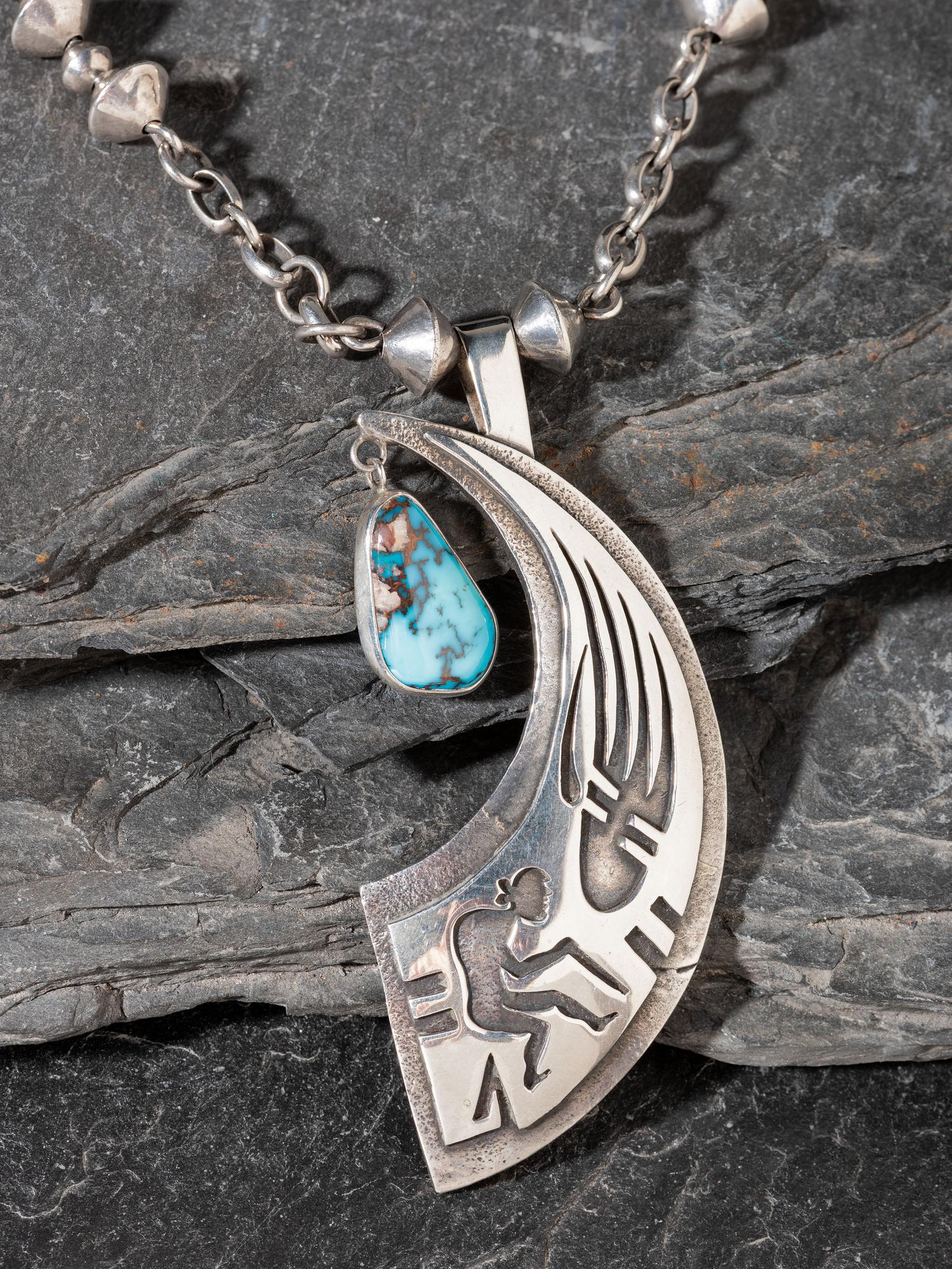 Silver Tufa Cast Necklace, with Morenci Turquoise