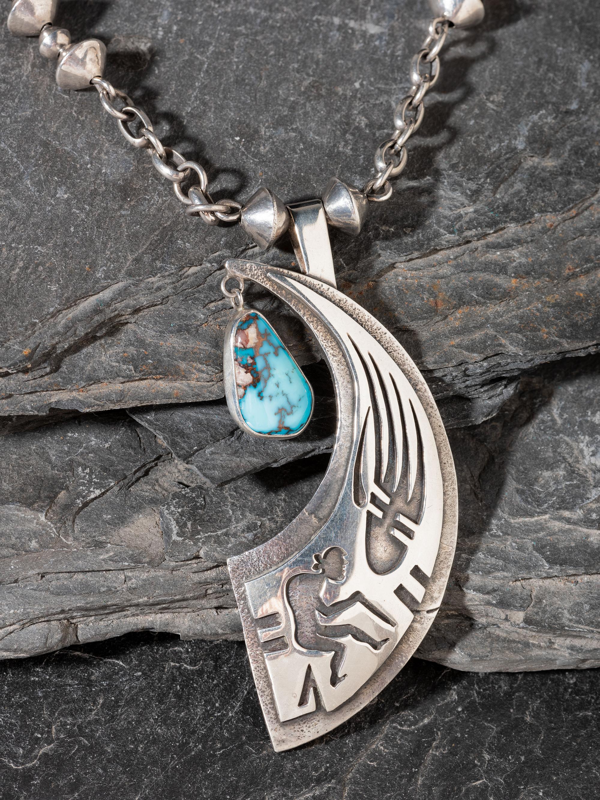 Silver Tufa Cast Necklace, with Morenci Turquoise