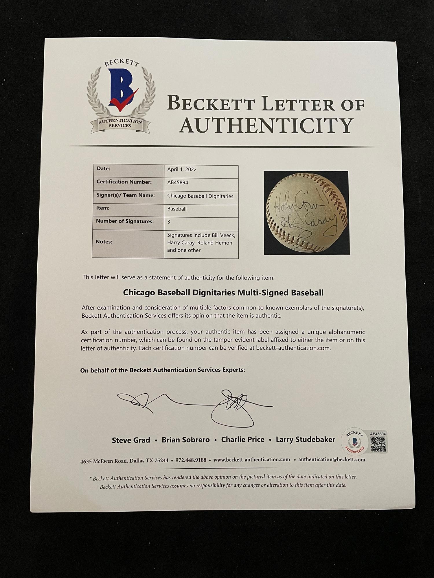 A Group of Harry Caray and Bill Veeck Signed Autograph Baseballs (Beckett Authentication Services Letters BAS Certified),