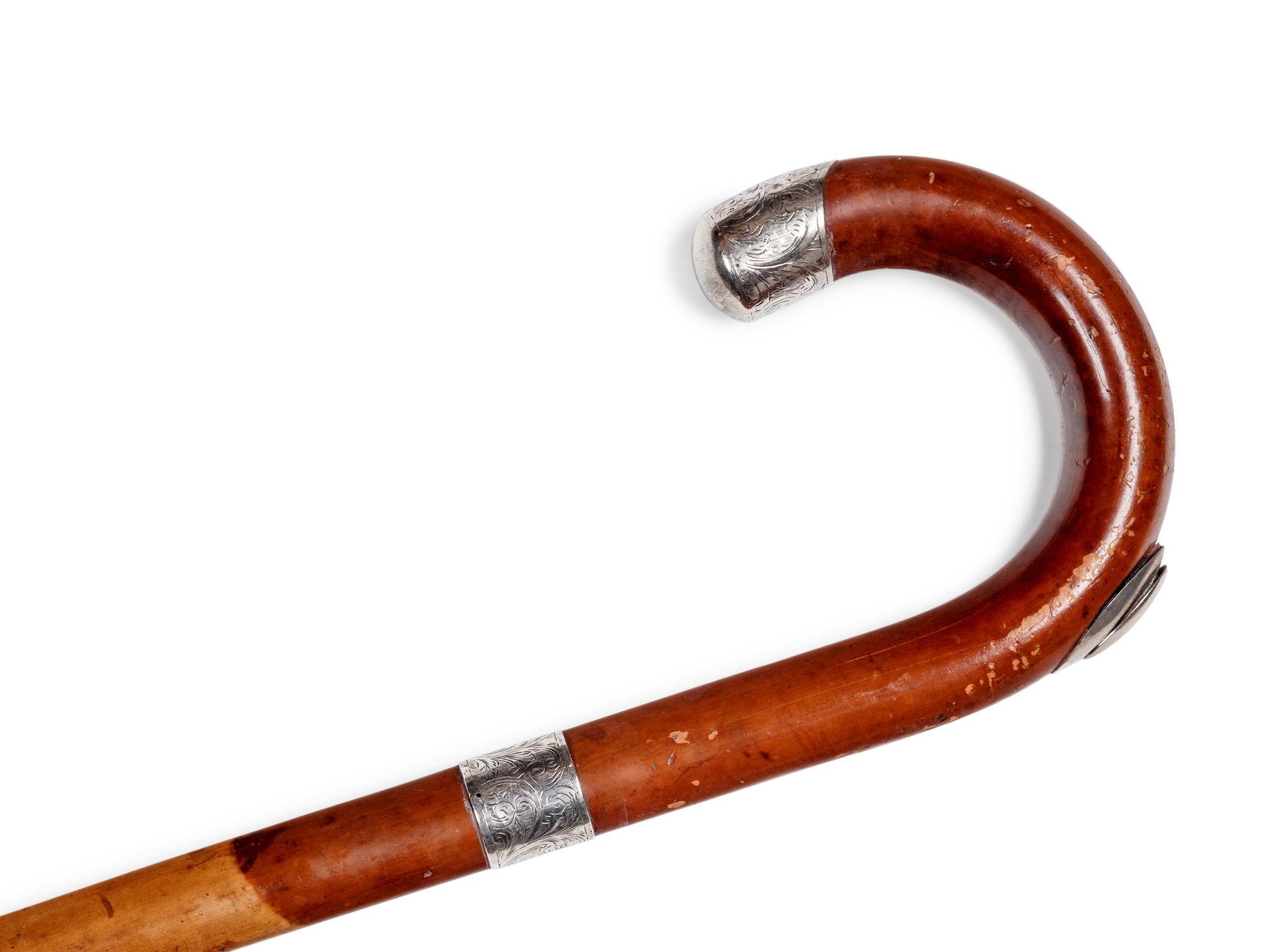 An English Silver Mounted Malacca Pipe-Smokers 'System' Walking Stick