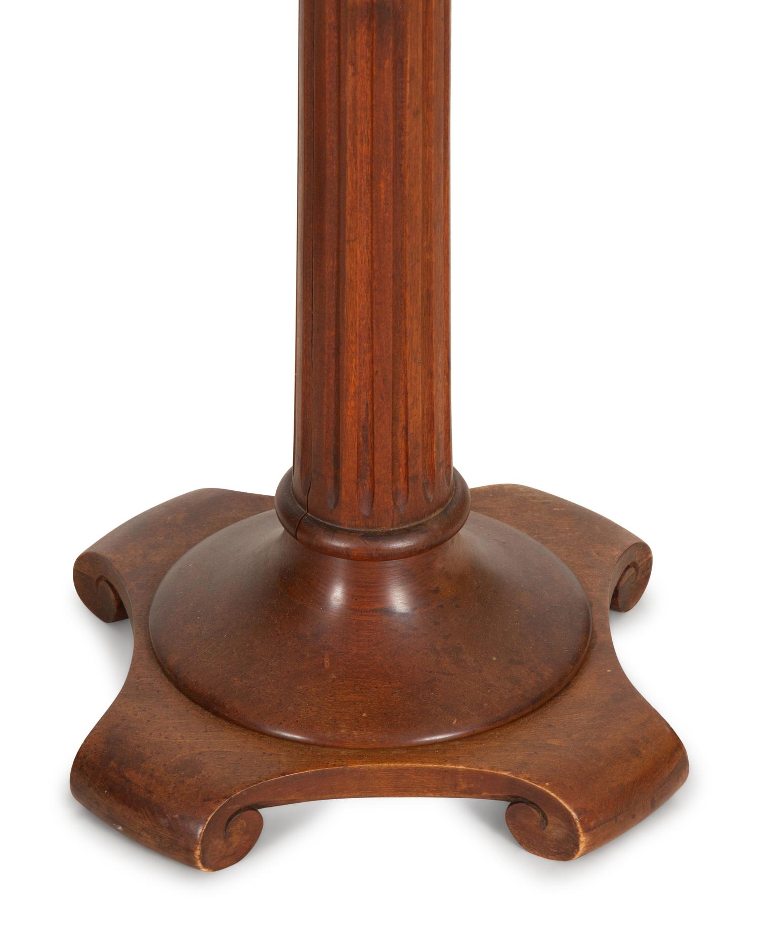 A Mahogany Two Light Floor Lamp with Table Shelf and a Jardinière Stand