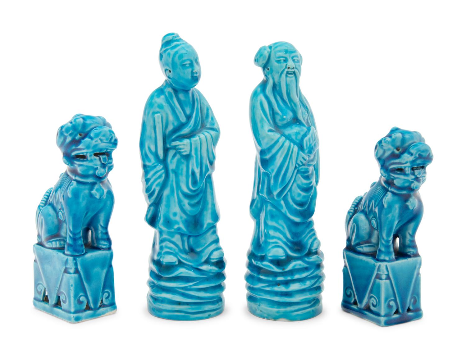 Two Pairs of Chinese Turquoise Glazed Porcelain Figures