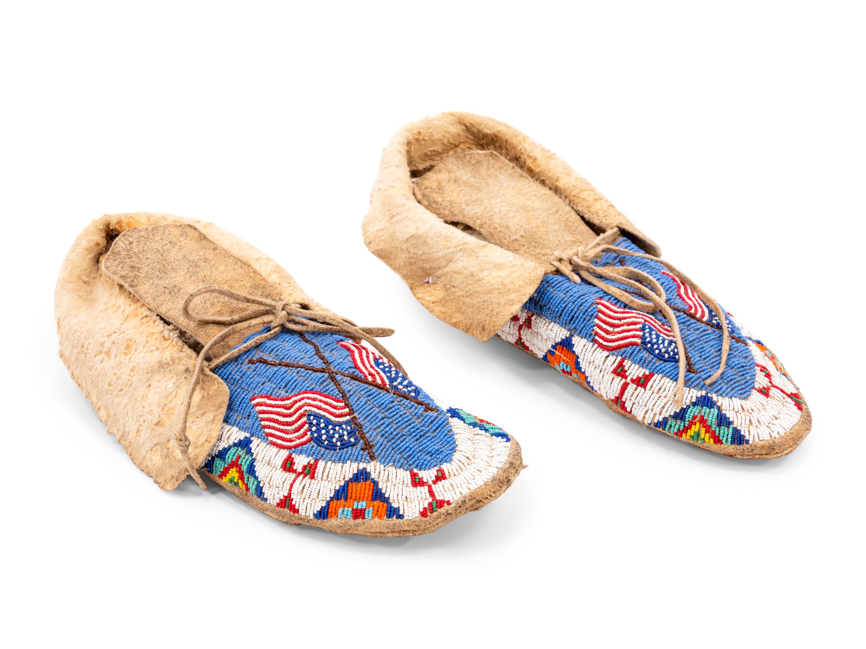 Sioux Beaded Hide Moccasins, with American Flag
