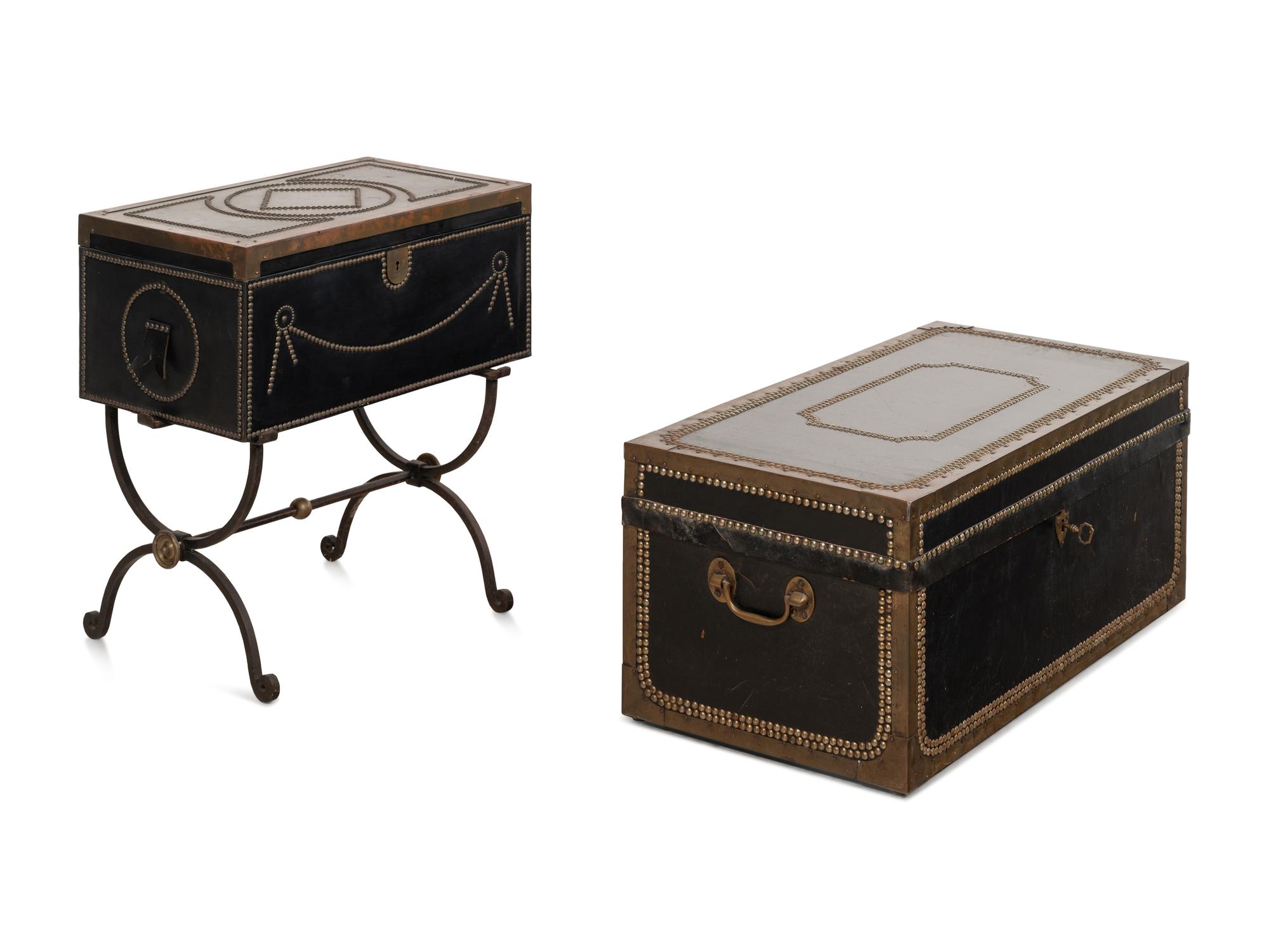 Two Continental Nailhead Decorated Brass-Banded Trunks