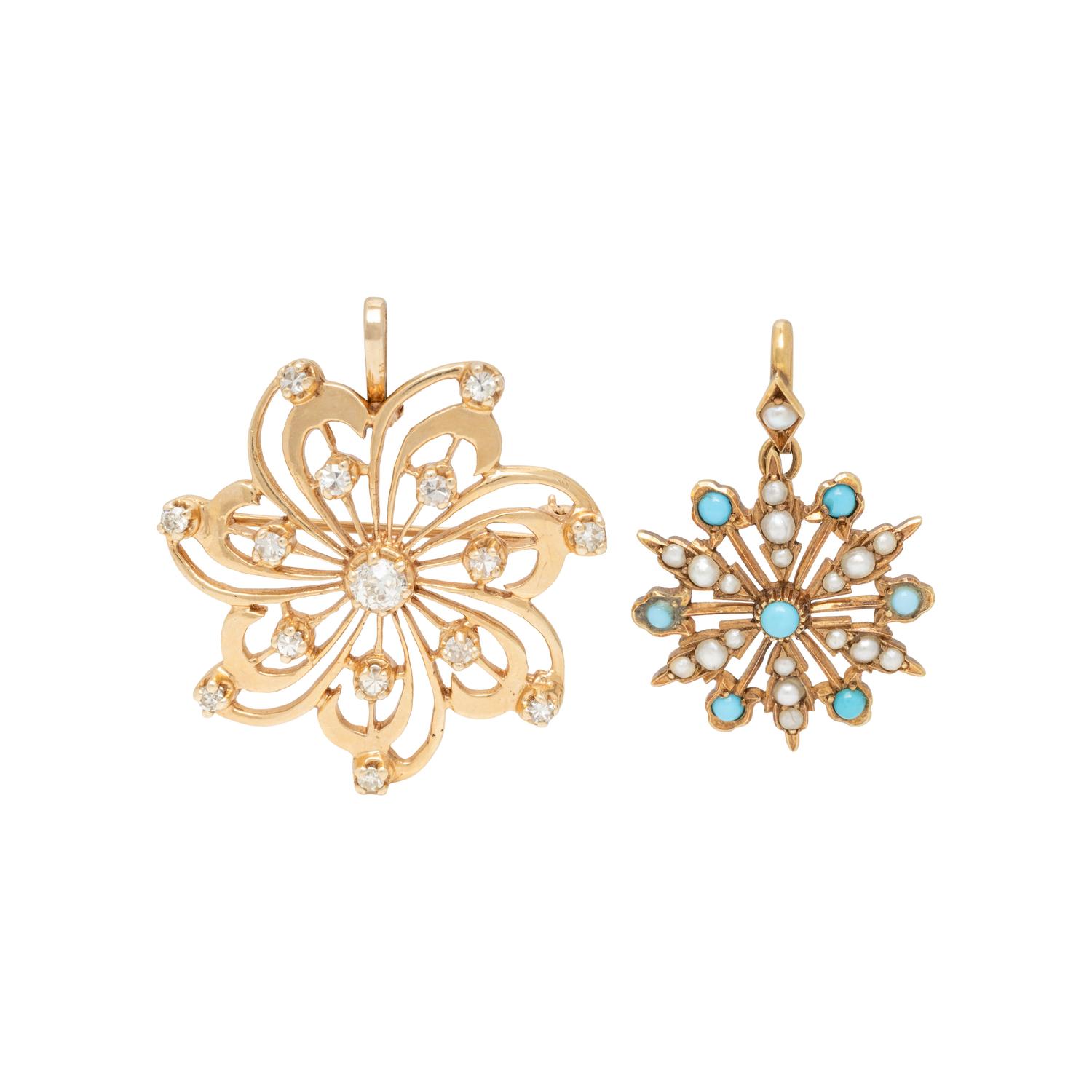 TWO YELLOW GOLD, DIAMOND AND TREATED TURQUOISE PINWHEEL PENDANTS