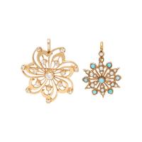 TWO YELLOW GOLD, DIAMOND AND TREATED TURQUOISE PINWHEEL PENDANTS