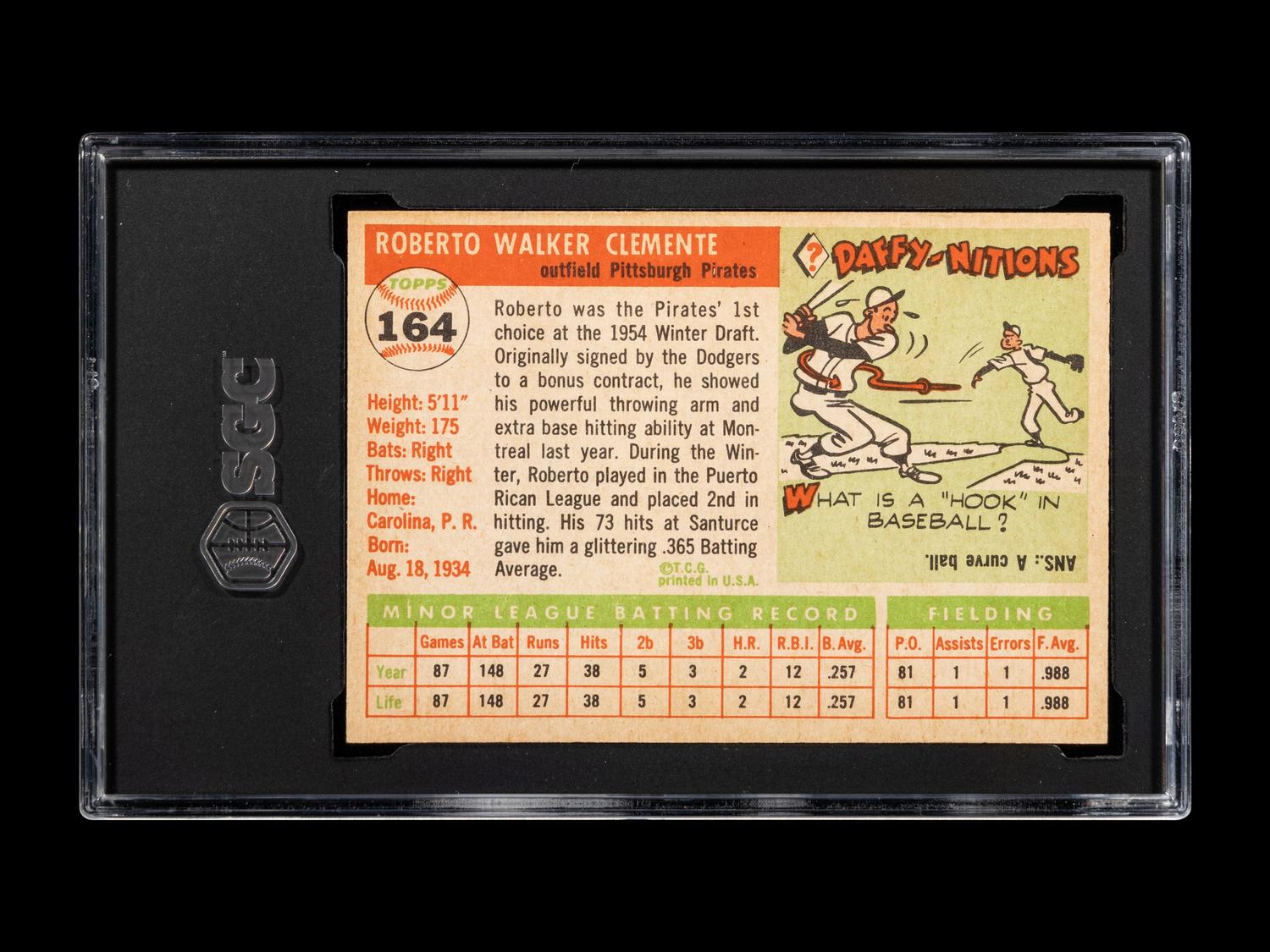 A 1955 Topps Roberto Clemente Rookie Baseball Card No. 164 SGC 5.5 EX+)